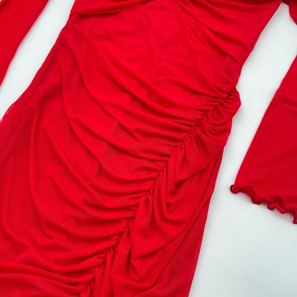 Majorelle | Elise Cherry Red Mesh Ruched Off Shoulder Midi Dress S - Picture 10 of 16